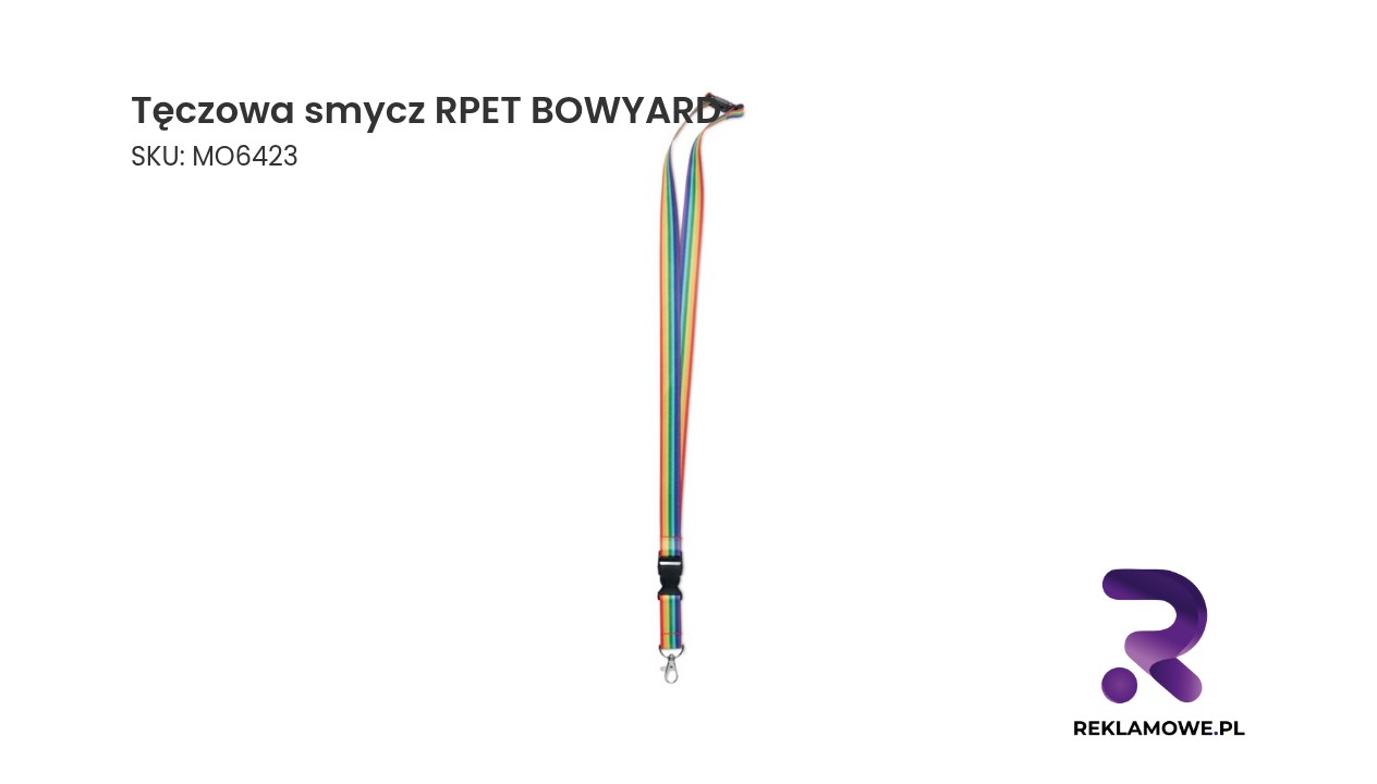 Tęczowa smycz RPET BOWYARD Tęczowa smycz RPET BOWYARD – ekologiczna smycz reklamowa z materiału z recyklingu